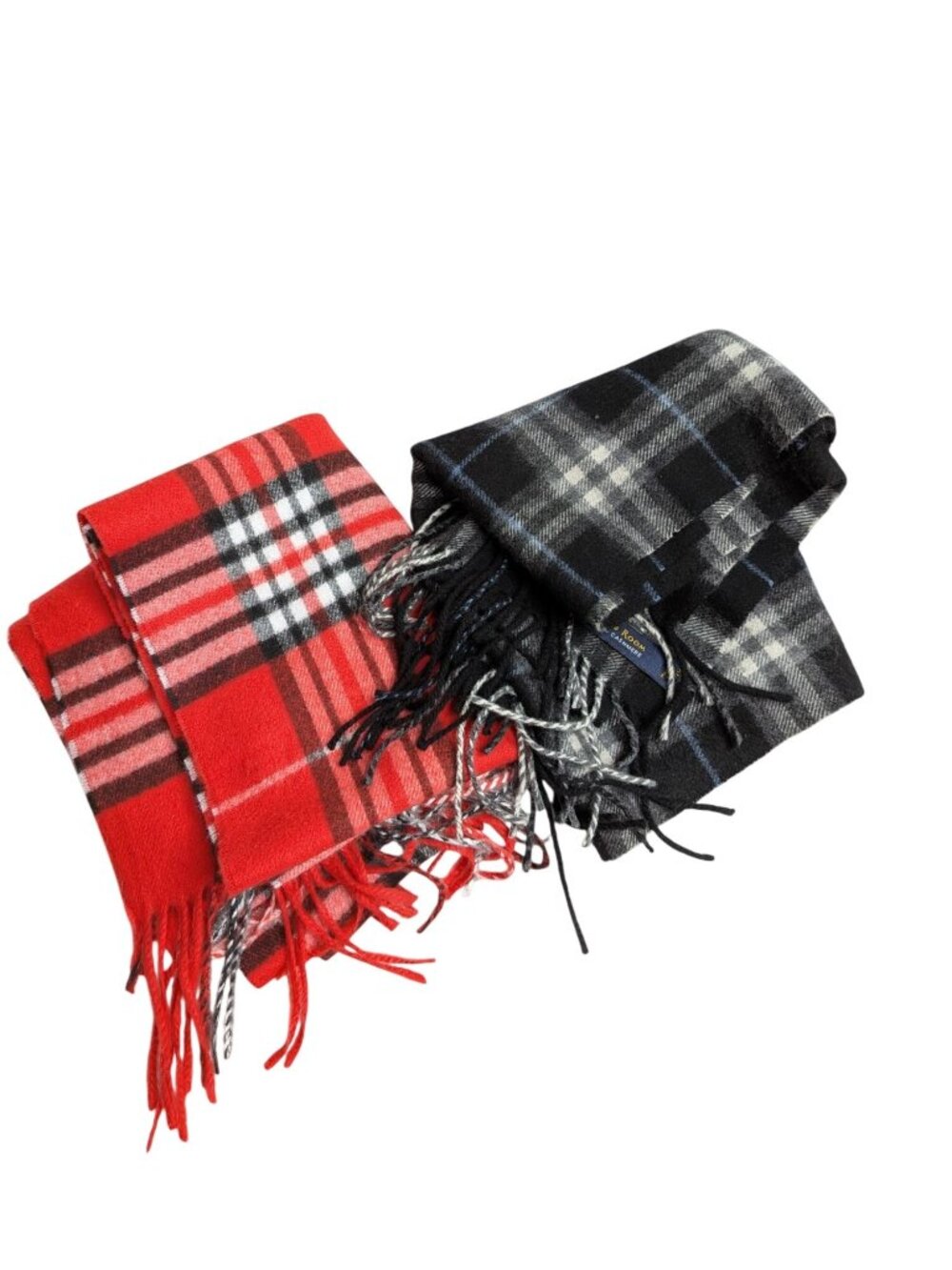 Plaid Fringe 100% Cashmere Scarf Bundle Lot of 2 red black hand tailored